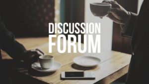 "Discussion Forum" over two people talking and drinking coffee