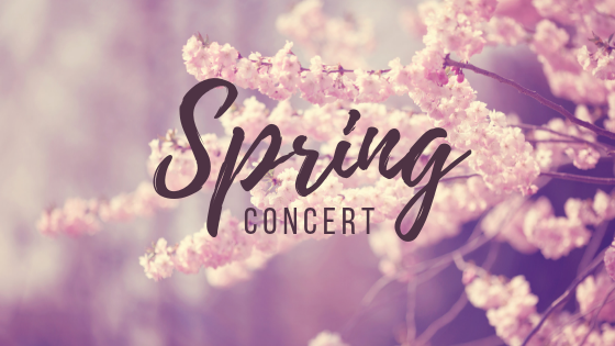 "Spring Concert" over a picture of pink cherry blossoms