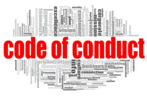 Code of conduct word cloud concept on white background, 3d rendering.