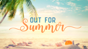 "Out for summer" text over a sunny beach with a palm tree