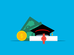 vector art of a graduation cap, diploma, and money on a blue background