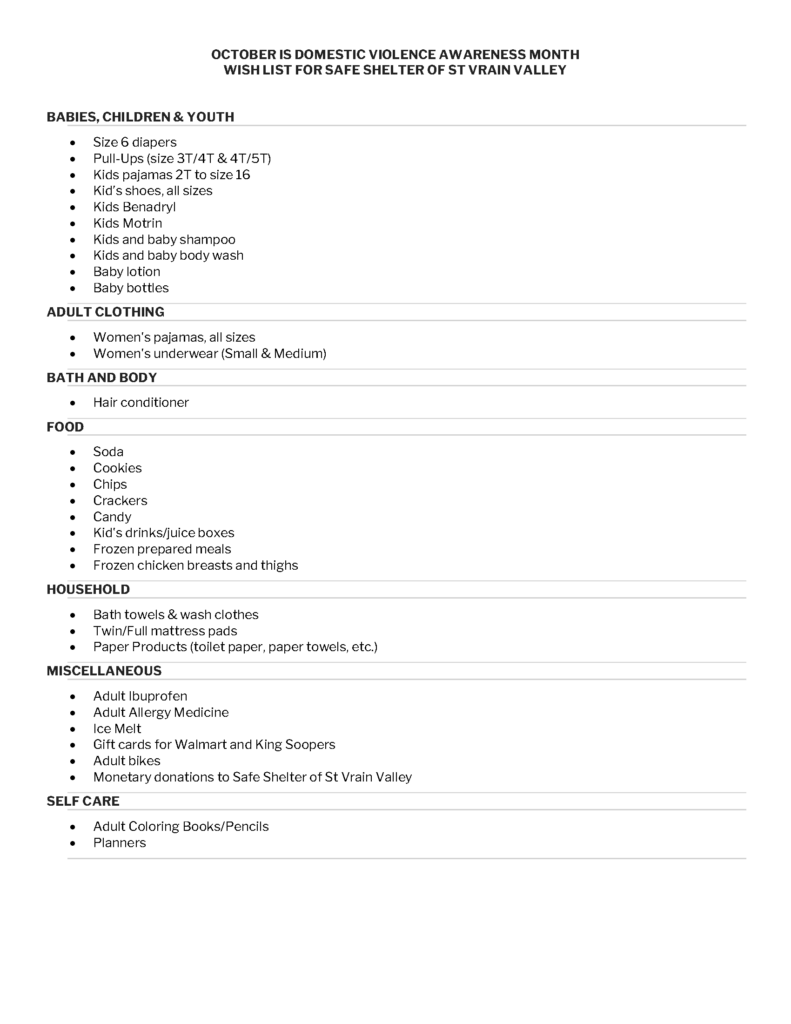 a typed list of donation requests from Safe Shelter of St Vrain Valley